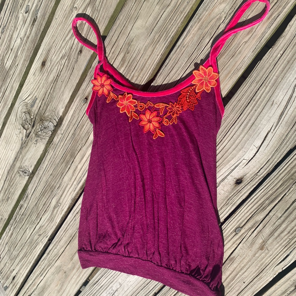 NWT Free Peolpe Tank Pink Rose floral tank top velvety straps appliqué flowers